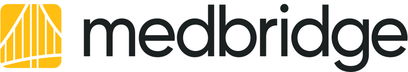 The image shows the Medbridge logo with lowercase text and a yellow bridge icon.